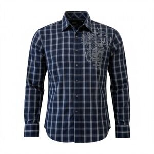 Micros Mens Long Sleeve Plaid Button Down Shirt Navy Blue Grey Graphic Print L